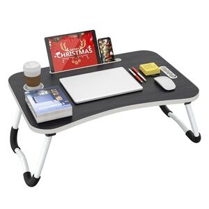 BUYIFY Folding Lap Desk, 23 Inch Portable Wood Black Laptop Bed Desk Lap Desk wi